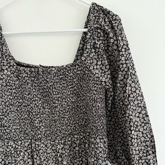 Madewell Lucie Black Floral Long Sleeve Smocked Mini Dress Large - Picture 3 of 7
